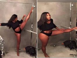Look at 15 Serena Williams’ jaw-dropping private Split Pictures…. suspending herself on two bars Serena Williams flaunts abs as she splits on air