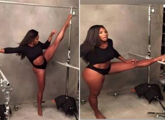 Look at Six Serena Williams’ Dazzling Split Photos…. suspending herself on two bars Serena Williams flaunts abs as she splits on air